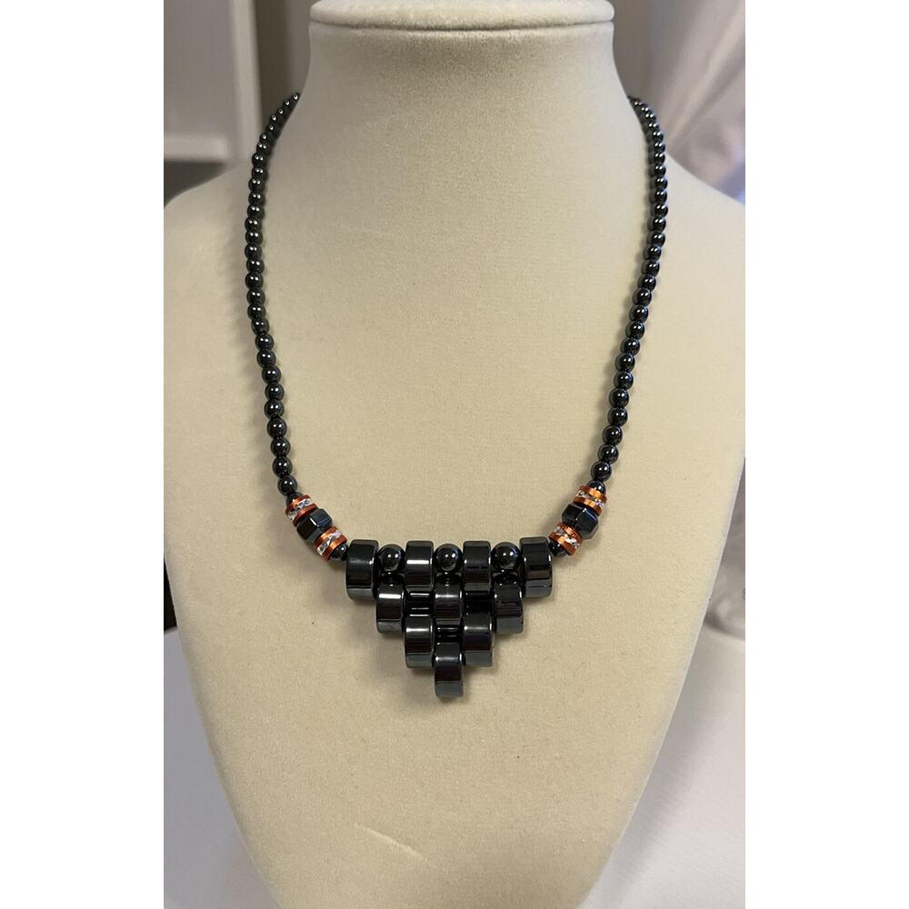 Black Hematite Stone Statement Beaded Necklace Gold Tone Clasp 18” G34